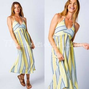 Striped Yellow & Blue Maxi Dress with V-Neck